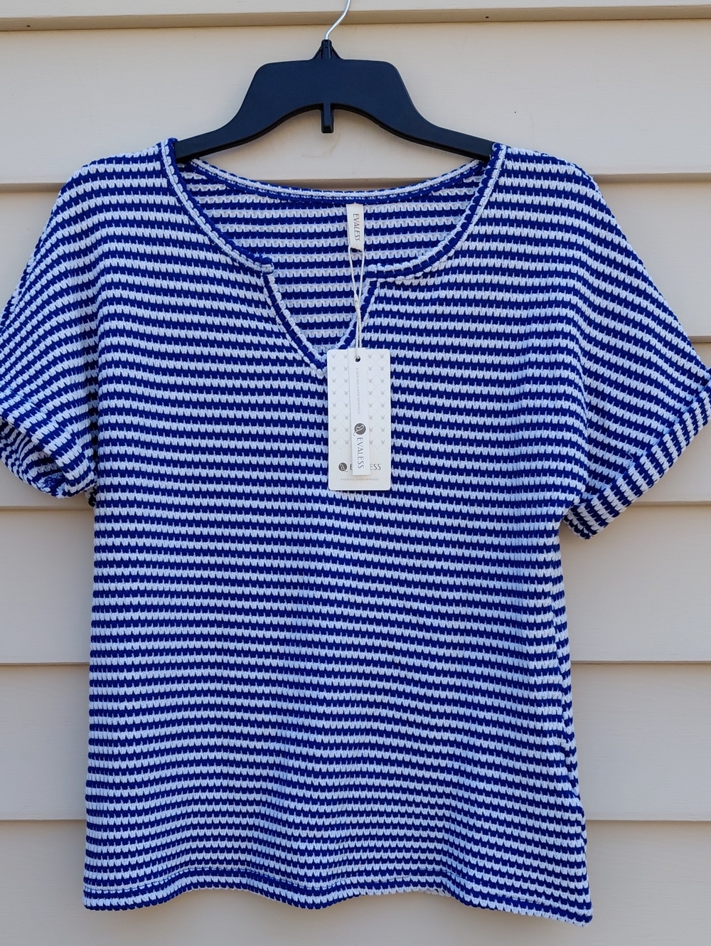 EVALESS Women's Blue and White Stripe Knit Top Size Small